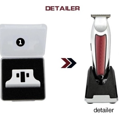 Lâmina de aparador na caixa e aparador de cabelo vermelho e prateado com base preta