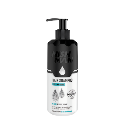 Frasco de champô NISH MAN antiqueda XL 480ml preto e branco