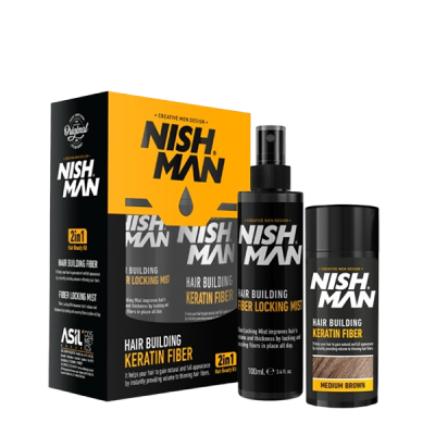 Conjunto de produtos Nish Man Hair Building Keratin Fiber com embalagem preta e amarela