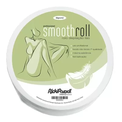 Frasco branco redondo com etiqueta verde de produto para depilação smooth roll