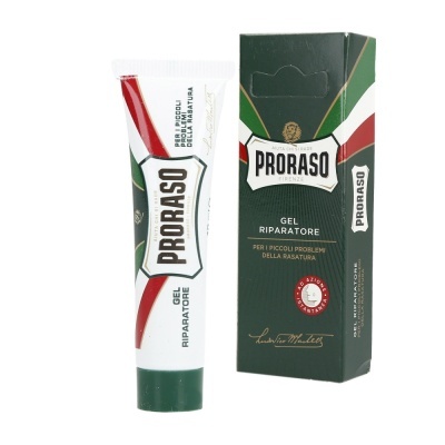 Gel Reparador Proraso em embalagem verde, branca e vermelha, com texto em italiano