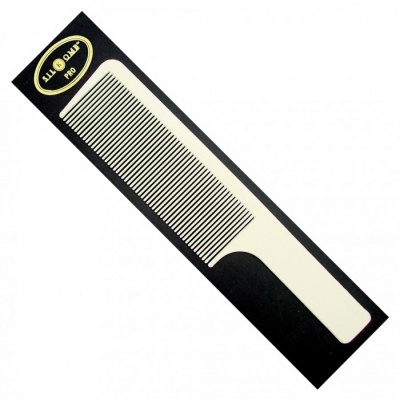 Pente branco de dentes finos em embalagem preta com texto 'LIL QUAFF PRO'