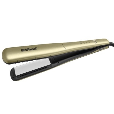 Prancha de alisar cabelo dourada com placas cerâmicas brancas e logótipo RickiParodi