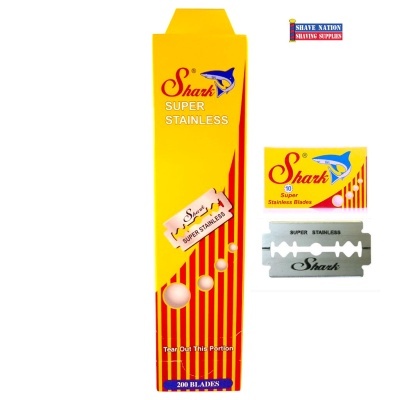 Lâminas Shark Super Stainless para barbear em embalagem amarela e vermelha