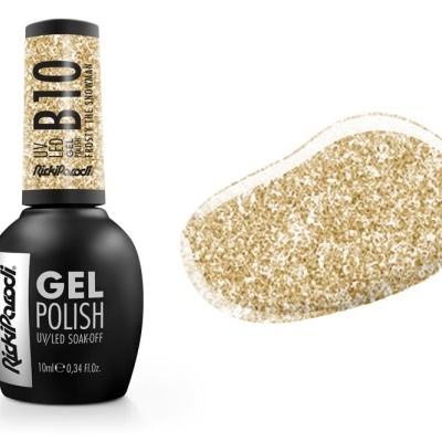 Verniz gel para unhas preto com tampa dourada brilhante e amostra de cor dourada cintilante