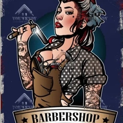 Cartaz de barbearia com mulher tatuada segurando navalhete