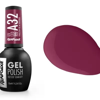 Frasco de verniz gel preto com tampa rosa escuro e amostra da cor ao lado