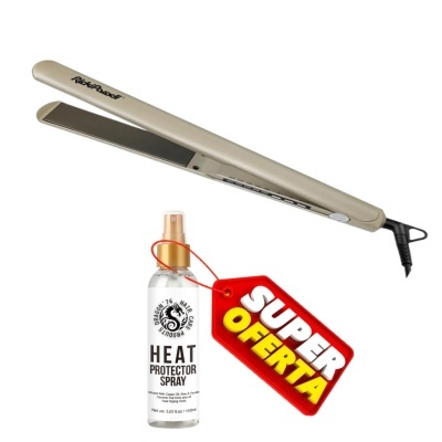 Prancha de cabelo bege e spray protetor térmico com etiqueta de oferta