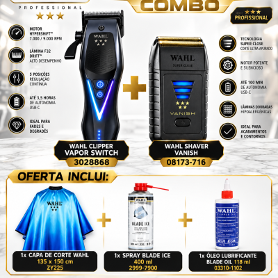 Combo WAHL VAPOR SWITCH com máquina de cortar, máquina de barbear, capa de corte azul, spray e óleo lubrificante