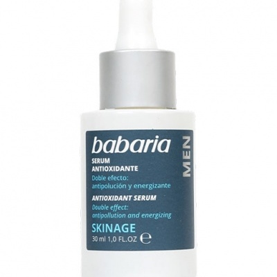 Frasco de sérum antioxidante Babaria para homens, branco com rótulo azul escuro.