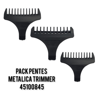 Pack de três pentes metálicos pretos para aparador com tamanhos 3mm, 4,5mm e 6mm