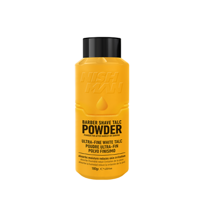 Frasco amarelo de pó para barbear com tampa preta