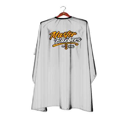 Capa de corte de cabelo branca com riscas finas pretas e texto 'Master Barbers'.