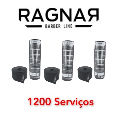 Logótipo RAGNAR BARBER LINE com três conjuntos de rolos de fita adesiva preta e embalagens transparentes com etiquetas, texto '1200 Serviços' em vermelho.