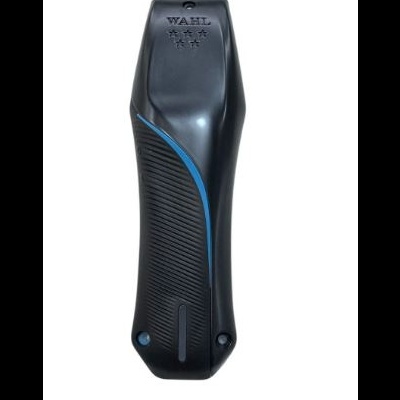 Aparador de cabelo preto com detalhes em azul e marca WAHL