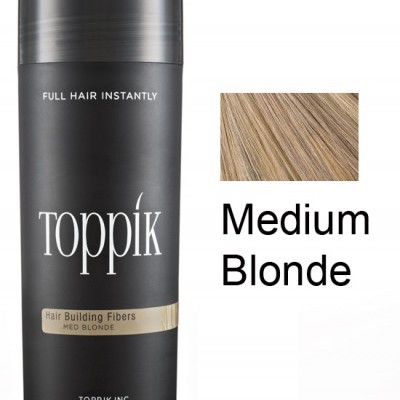 Frasco preto de Toppik Hair Building Fibers cor Medium Blonde e amostra da cor