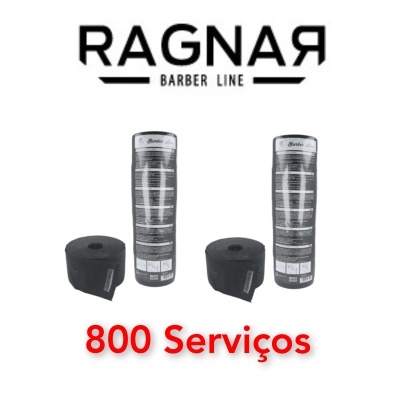 Duas embalagens cilíndricas pretas com texto branco e duas bobinas, com logótipo RAGNAR BARBER LINE e texto 800 Serviços em vermelho.