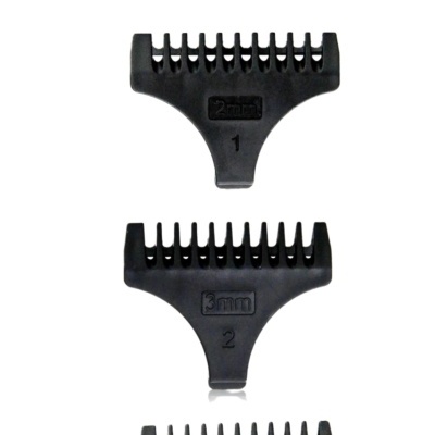 Três pentes de aparador de cabelo pretos de 2mm, 3mm e 4mm com texto PACK PENTES NIVEL RE06713/00