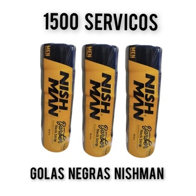 Três embalagens de golas para barbeiro NISH MAN com texto promocional no fundo branco.