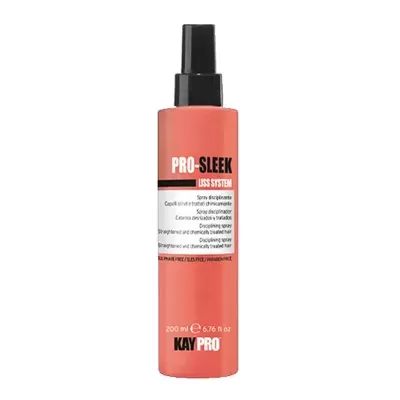 Frasco cor de coral com pulverizador preto do produto capilar PRO-SLEEK LISS SYSTEM da KAY PRO