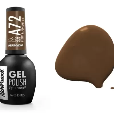 Frasco preto de esmalte gel com tampa castanha e gota de esmalte castanho