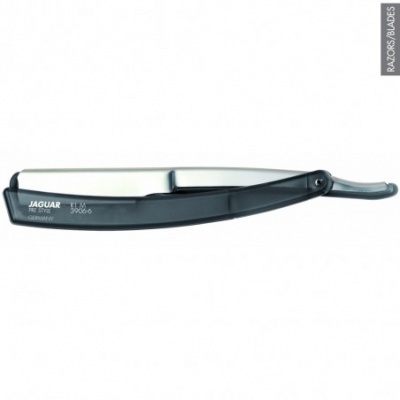 Navalha de barbear com lâmina metálica e cabo preto com texto e números