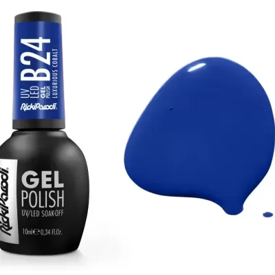 Frasco de verniz de gel preto com rótulo ao lado de mancha azul grande e gotas pequenas