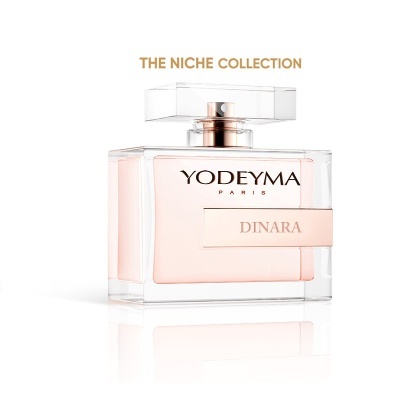 Frasco de perfume YODEYMA DINARA com líquido rosa claro
