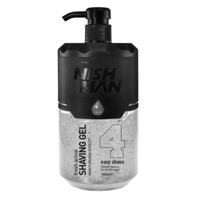 Frasco de gel de barbear Nish Man com tampa preta e texto em preto e branco