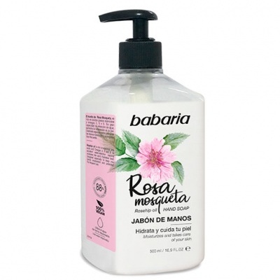 Frasco de sabonete líquido Babaria Rosa Mosqueta com tampa preta e rótulo branco com flor rosa