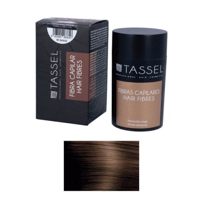 Produto Tassel Fibras Capilares Hair Fibres em embalagem e frasco preto com rótulo bege e amostra de fibras castanho