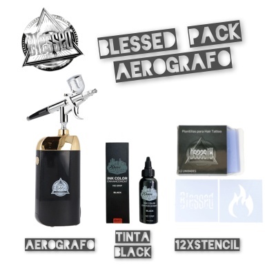 Conjunto BLESSED PACK com aerógrafo preto e dourado, tinta preta e 12 stencil para tatuagem capilar