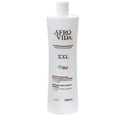 Frasco branco de shampoo Afro Vida XXL de 1000 ml com texto em preto e vermelho.