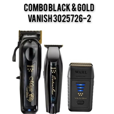 Aparelhos de barbear WAHL em preto e dourado com texto