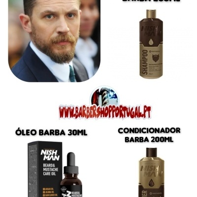 Produtos para barba Nish Man: shampoo 200ml, óleo 30ml e condicionador 200ml, com foto de homem com barba e logótipo do site