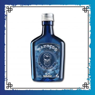 Frasco azul de vidro com rótulo de tónico para cabelo