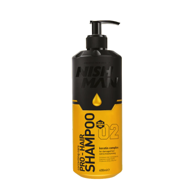 Frasco de shampoo NISH MAN Pro Hair preto e amarelo com doseador