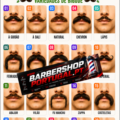 Cartaz com 20 tipos de bigode masculino diferentes, cada um com nome e número distinto em fundo branco