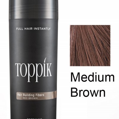 Frasco preto de Toppik Hair Building Fibers castanho-médio com amostra de cor e texto