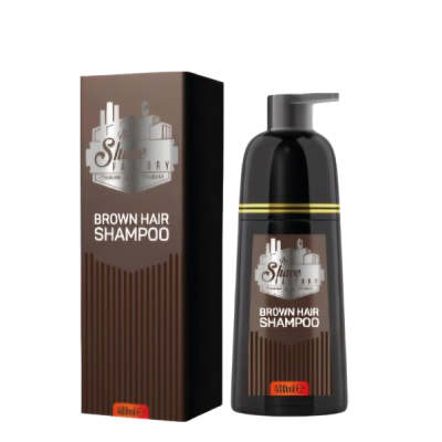 Champô para cabelo castanho em frasco preto com tampa de bomba e embalagem castanha da Shave Factory.