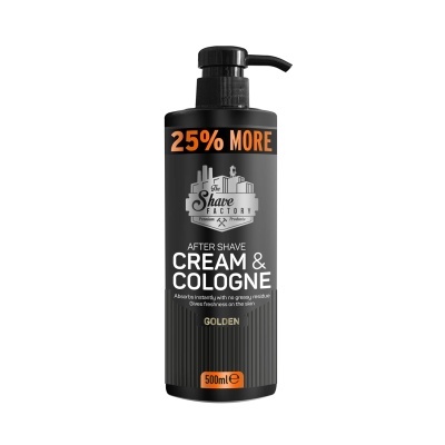 Frasco preto de After Shave Cream & Cologne com válvula e rótulo com texto em laranja e branco