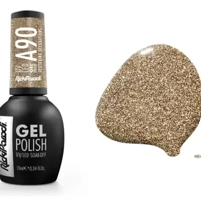 Frasco preto de verniz de gel RichReact com tampa dourada glitter ao lado de três gotas do verniz