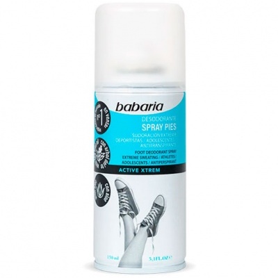 Desodorizante em spray Babaria para pés com embalagem branca e azul