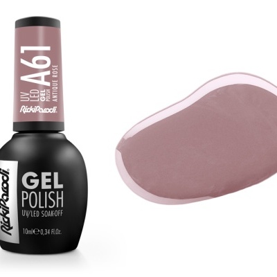 Vidro de verniz gel preto fosco com tampa rosa claro e amostra de cor rosa acastanhada