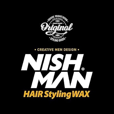Embalagem de cera de cabelo NISHMAN em preto com texto branco e amarelo