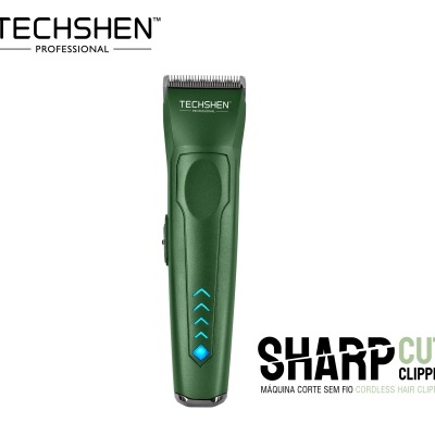 Máquina de cortar cabelo verde Techshen com lâmina metálica e luzes azuis