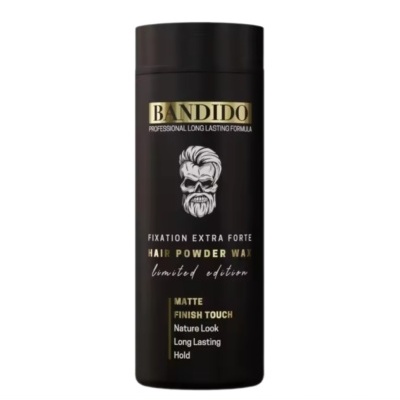 Frasco preto de cera em pó para cabelo BANDIDO com texto dourado e branco