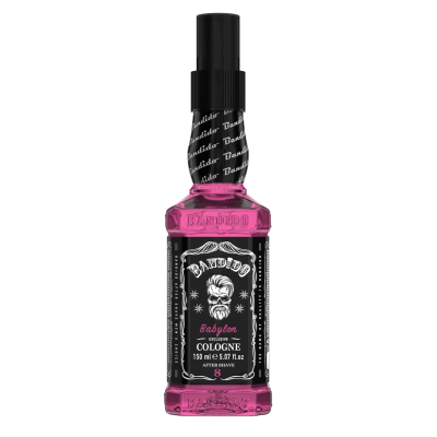 Frasco rosa de colónia Bandido Babylon com etiqueta preta e tampa preta