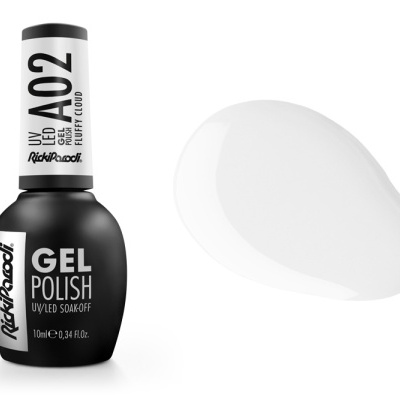 Frasco de verniz gel preto Rich&Rockf com texto e amostra de cor branca ao lado