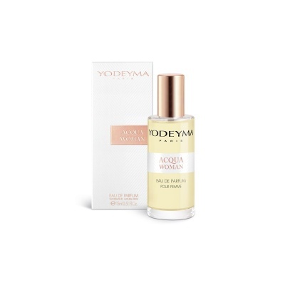 Frasco de perfume Acqua Woman da Yodeyma com embalagem branca e detalhes em dourado